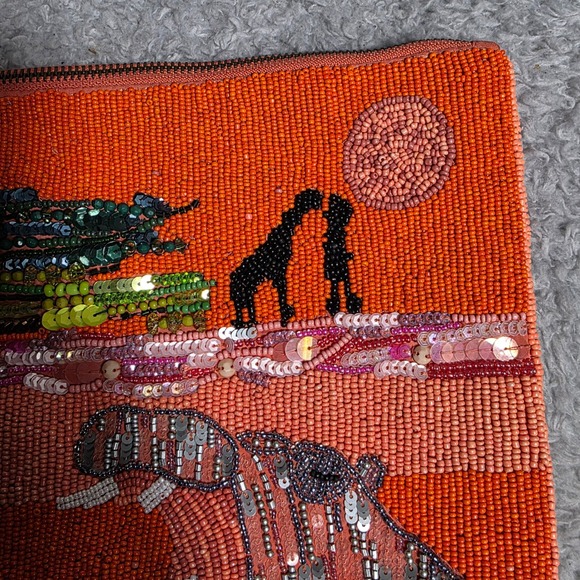 Zara Clutch Orange Beaded Sequin Safari Hippo Giraffe Lion King Vibes Bag Purse - Picture 3 of 9